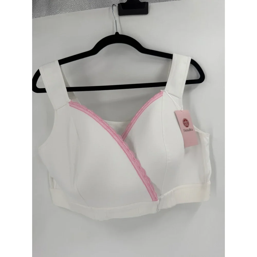 NWT FionaBra Front Wrap Closure Bra Women 4XL White Pink Lace Trim Adaptive